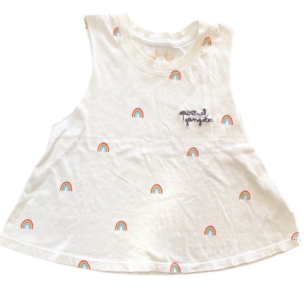 Spiritual Gangster White Crop Tank with Mini Rainbow Motif •EUC - Picture 4 of 7